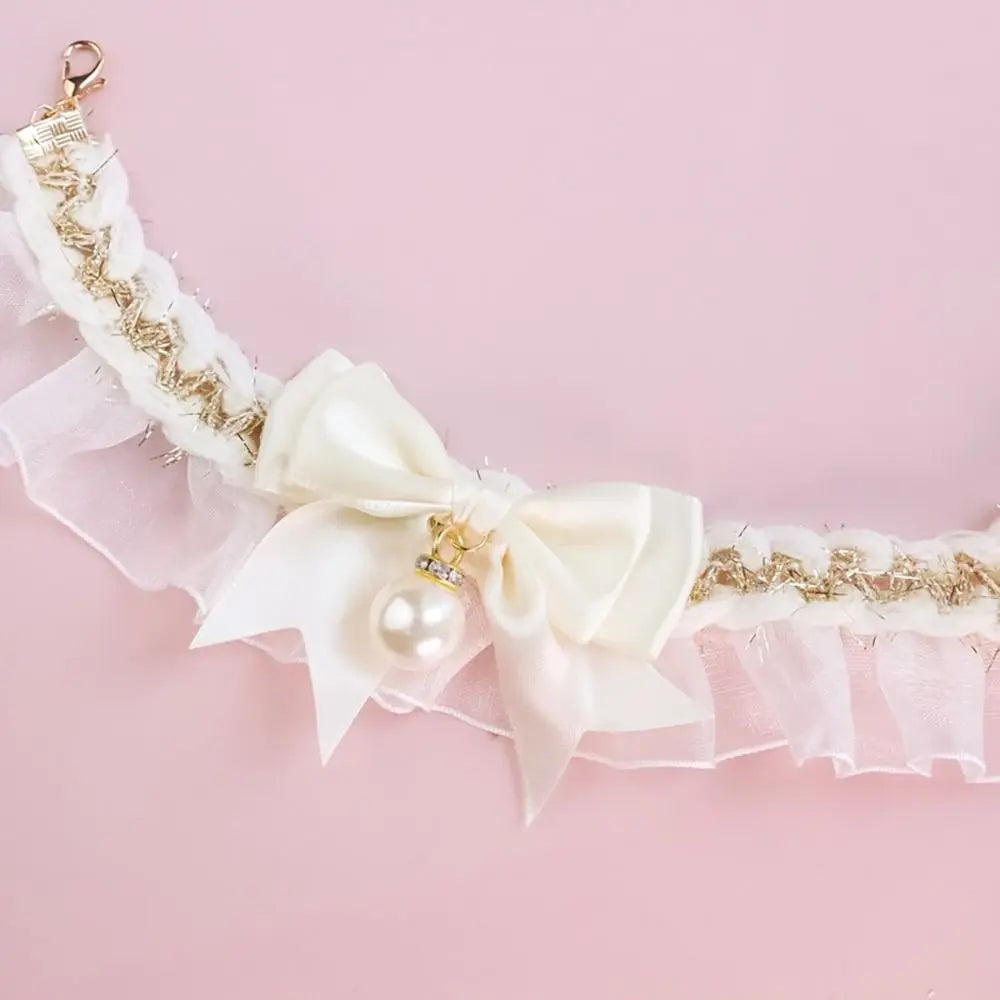 the PEARL COLLAR - Cute Dog Collar, Lace Bowknot Pearl Cat/Dog Necklace, Sweet Neck Decoration, Elegant Gentle Puppy Necktie, Kitten Bibs, Pet Supplies