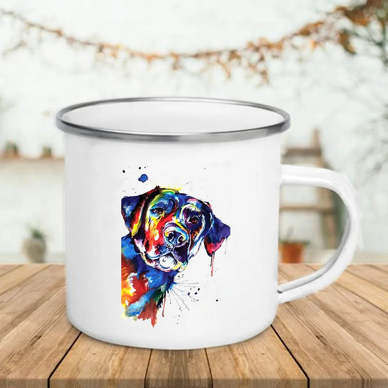Watercolor Dog Printed Creative Coffee Cup Drinks Wine Beer Juice Milk Cups Camping Mug Handle Enamel Mugs Gifts for Lover Dogs