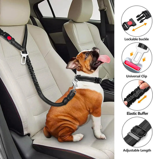 the DOGGY SEAT BELT - Dog Seat Belt Harness for Car, Restraint Adjustable with Elastic Bungee Buffer Headrest for Vehicle, 360° Swivel Carabiner Nylon