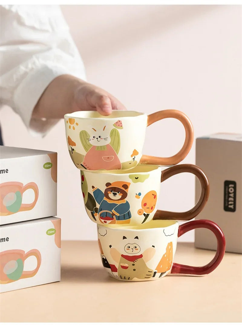 350ML Cartoon Hand Painted Bunny bear Coffee Cups Irregular Ceramic Mug Large Handle Home Office Milk Water Cup Kid's Gifts