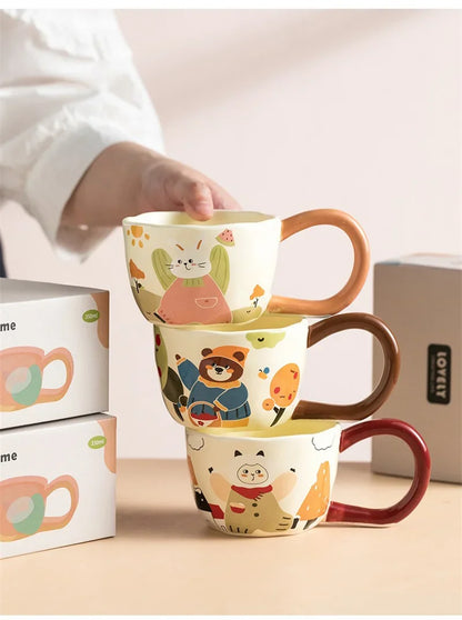 350ML Cartoon Hand Painted Bunny bear Coffee Cups Irregular Ceramic Mug Large Handle Home Office Milk Water Cup Kid's Gifts