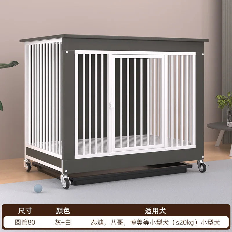 Reinforced Anti-Biting Dog Kennel Sturdy and Durable Wooden Round Pipe Dog Cage with Detachable Wheels Pet Bed