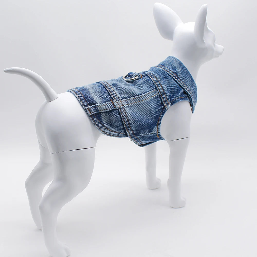 Dog Jeans Jacket ,Cool Puppy Summer Clothes ,Dog Denim Shirts for Small Boy Dogs Cats Outfits Washable Durable Harness Vest