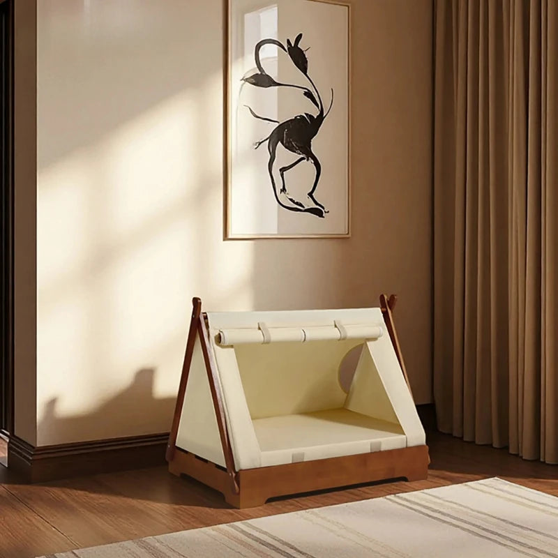 Wooden Pet Tent House - Washable Dog Bed for Small Dogs, Cat House with Removable Cover, Cozy Pet Tent for Indoor/Outdoor Use