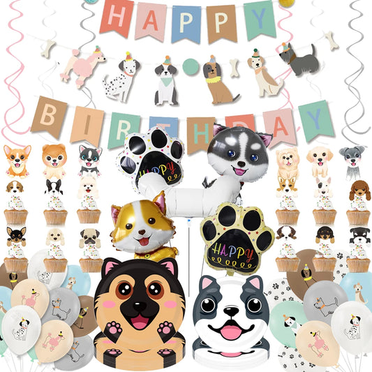 Dog Birthday Party Supplies Tableware Set Dog Plates Napkins Tablecloth Banner Balloon Kids Decor Puppy Theme Party Supplies