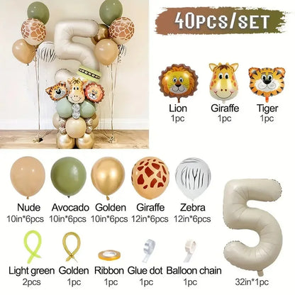 40 Pieces Jungle Retro Animal Balloons for Kids Birthday Number 12345 Gender Reveal Party Decoration Set Digital Birthday Ball