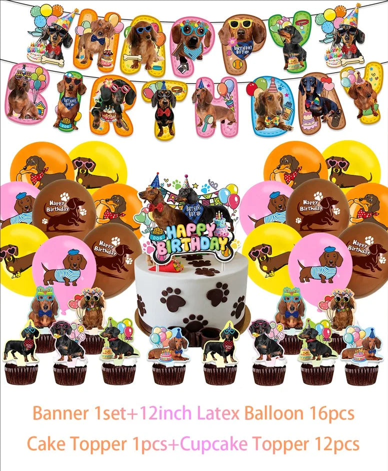 Cute Dachshund Theme Birthday Party Decorations Lovely Puppy Backdrop Cake Insert Banner Balloon Baby Shower Supplies Child Gift