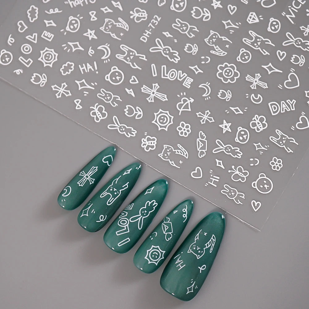 3D Flat Cute Cartoon Nail Stickers Doodle Cat Dog Heart Star Flower Nail Art Stickers Women DIY Manicure Decoration Decals