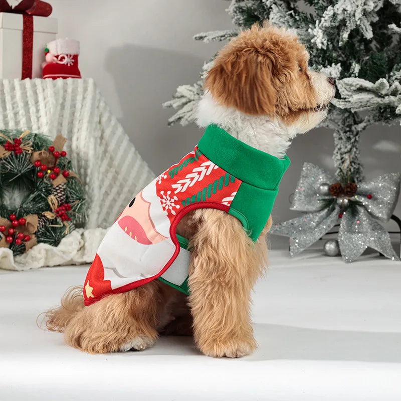 Christmas Santa Dog Vest Warm Fleece, Cartoon Print Pet Jacket, Red/Green, Sleeveless, Sizes S–XL for Small/Medium Dogs