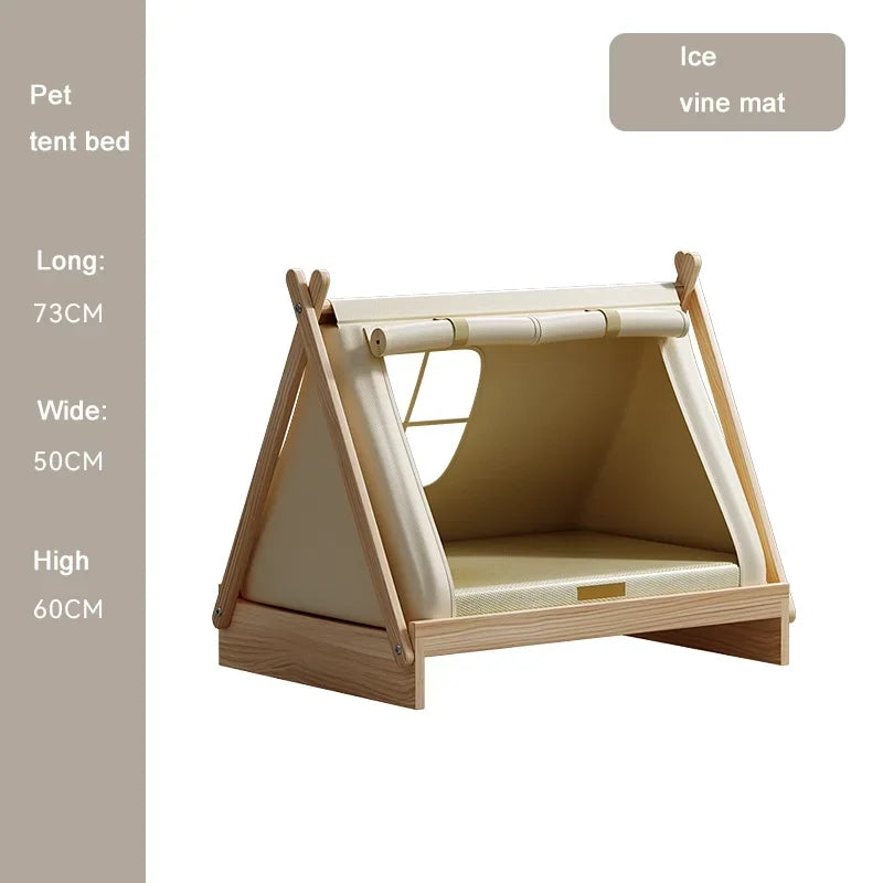 the POW-WOW PET BED - Wooden Oxford Cloth Dog Bed, Elevated Moisture-Proof Tent, Enclosed Safety House All-Season Dog Shelter with Frame Support