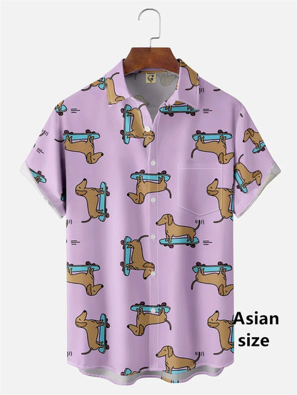 the HOT DOG DACHSHUND - Funny Cartoon Hot Dog Dachshund Graphic Shirts, Men/Women 3D Printed Casual Vacation Hawaiian Short Sleeve Shirts, Button Blouse