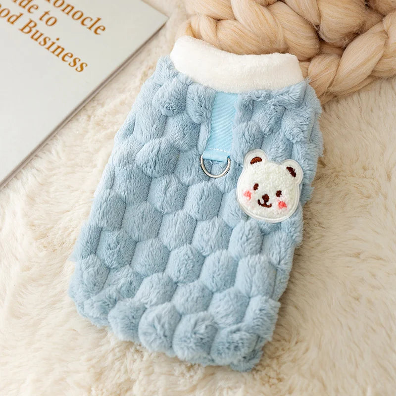 Winter Cat Dog Clothes with Buckle Sweet Bear Print Pet Plush Sweater for Small Dogs Pomeranian Chihuahua Puppy Button Jacket