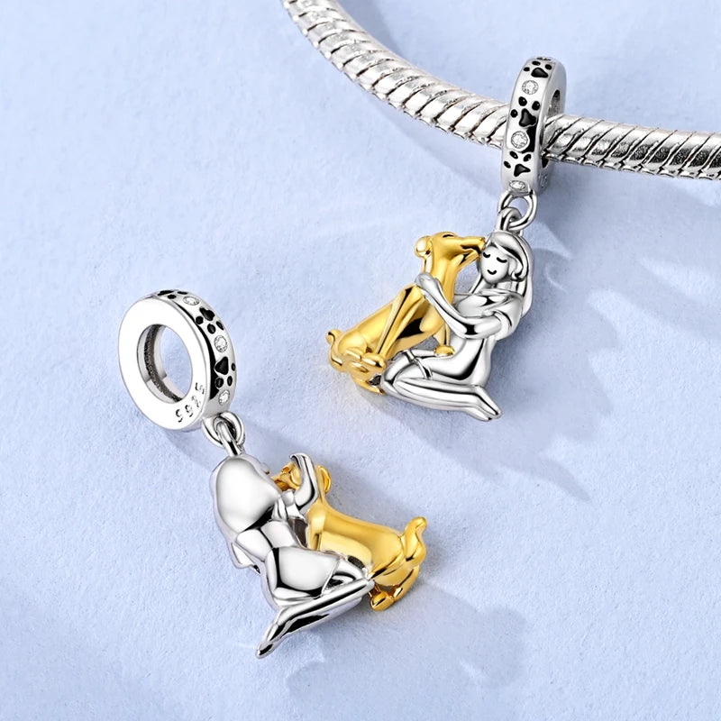 925 Sterling Silver Girl Holding Dog Charms Beads Fit Original 925 Bracelet Making Gift for Woman Jewelry Diy Fashion Pendant