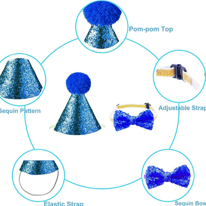 2Pcs/set Pet Dogs Caps With Bowknot Cat Dog Birthday Costume Sequin Design Headwear Cap Hat Christmas Party Pets Accessories