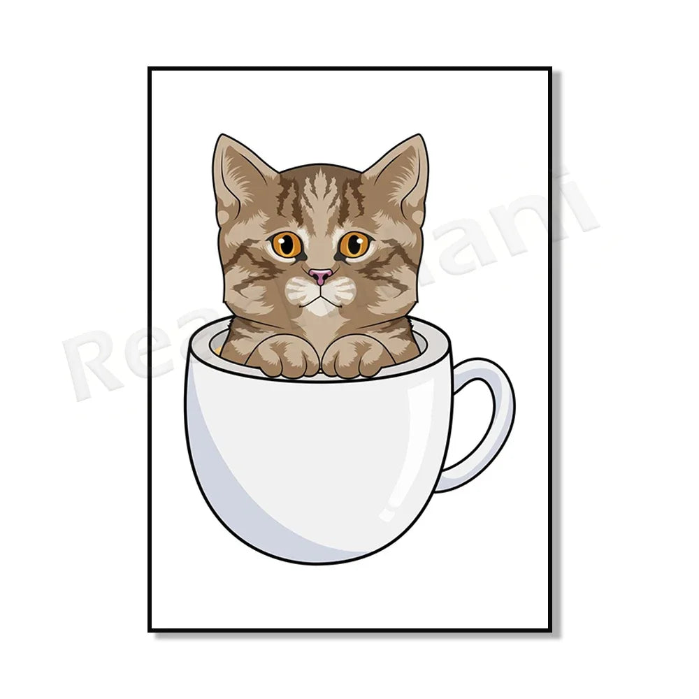 Cat in coffee mug, guinea pig, pug, rabbit, elephant, cat, mug animal canvas poster art picture home decor