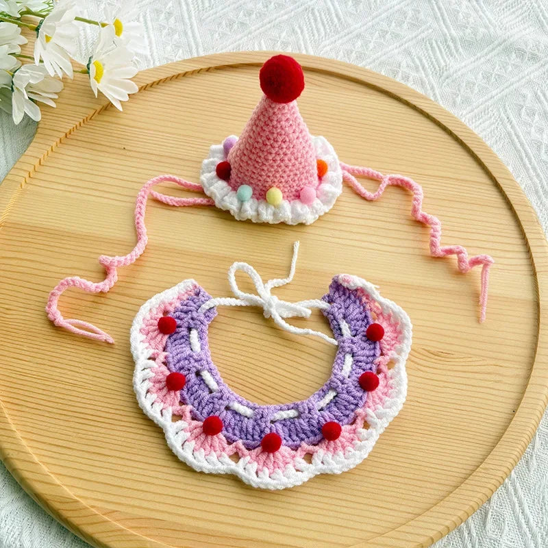 the CROCHET CANINE - Pet Dog/Cat Birthday Hat, Pet Party Dress Up, Photo Decoration, Dog Neck Cute Handmade Set, Dog Accessories for Small Dogs/Puppy