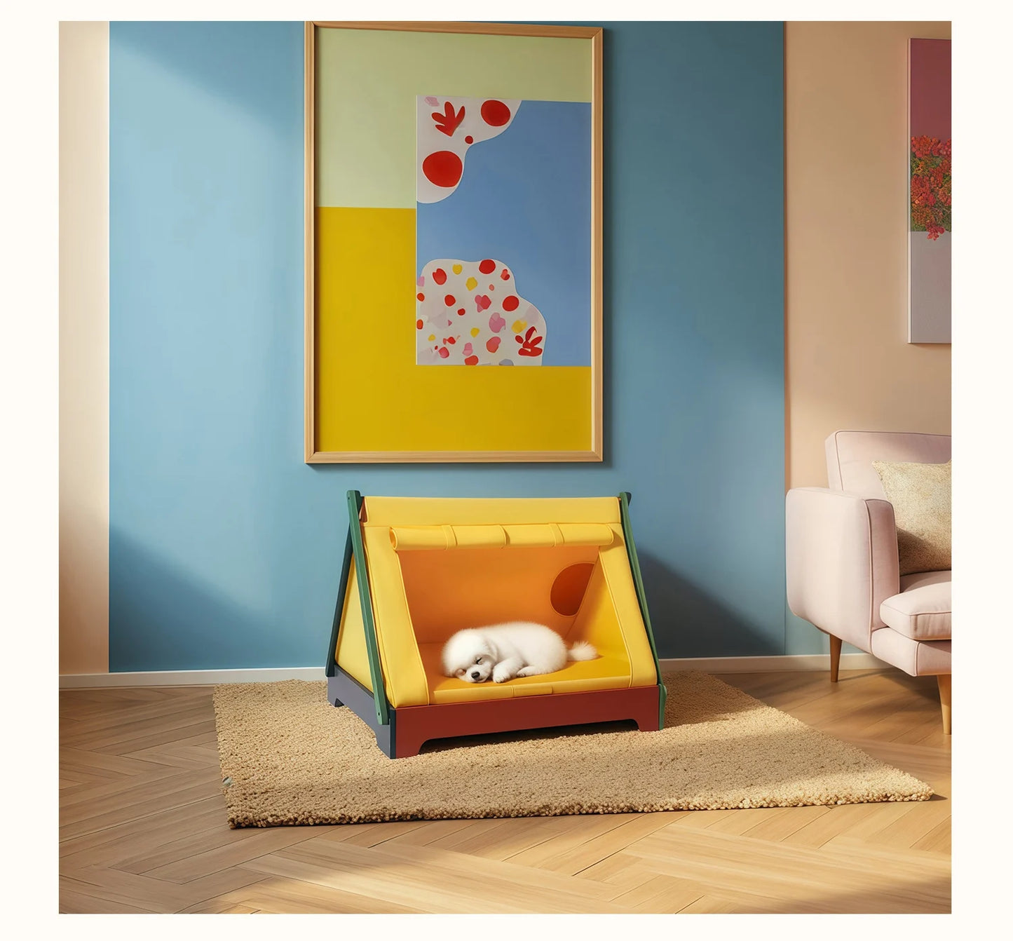 Wooden Pet Tent House - Washable Dog Bed for Small Dogs, Cat House with Removable Cover, Cozy Pet Tent for Indoor/Outdoor Use