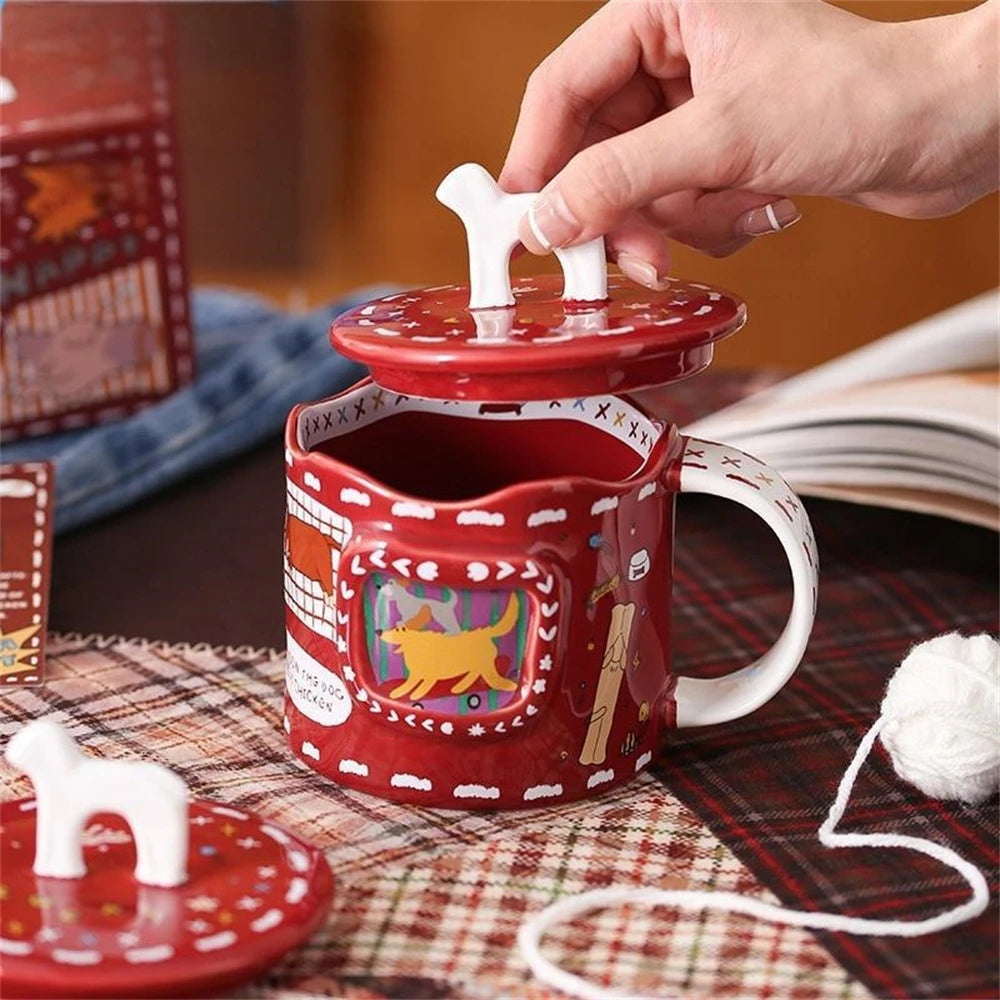 Cartoon Cute Ceramic Mug Dog Red Cup Lid Creative Christmas Water Cup Kitchen Accessories Coffee Cup Dust Cover Holiday Gift
