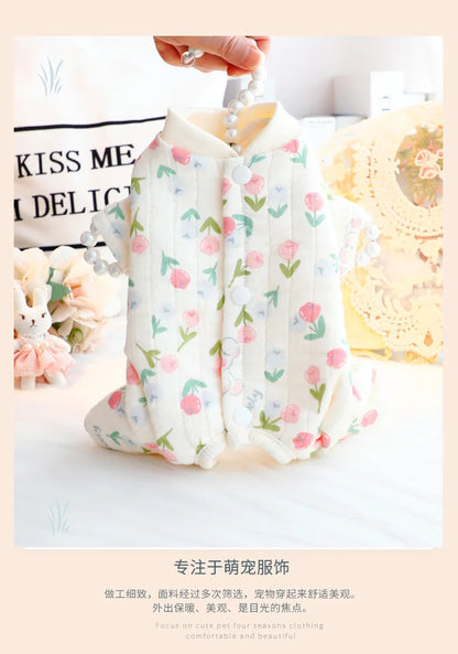 Dog Clothes Autumn and Winter Floral Double-layer To Protect The Belly Four Legged Small Dog Teddy Bear Pet Puppy Clothes