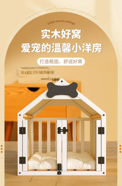 the DOG BONE DOGHOUSE - Solid Wood Doghouse, Large Space Double Doors Indoor Breathable Small Dog Washable Cat's Nest Doghouse, Waterproof Pet Bed