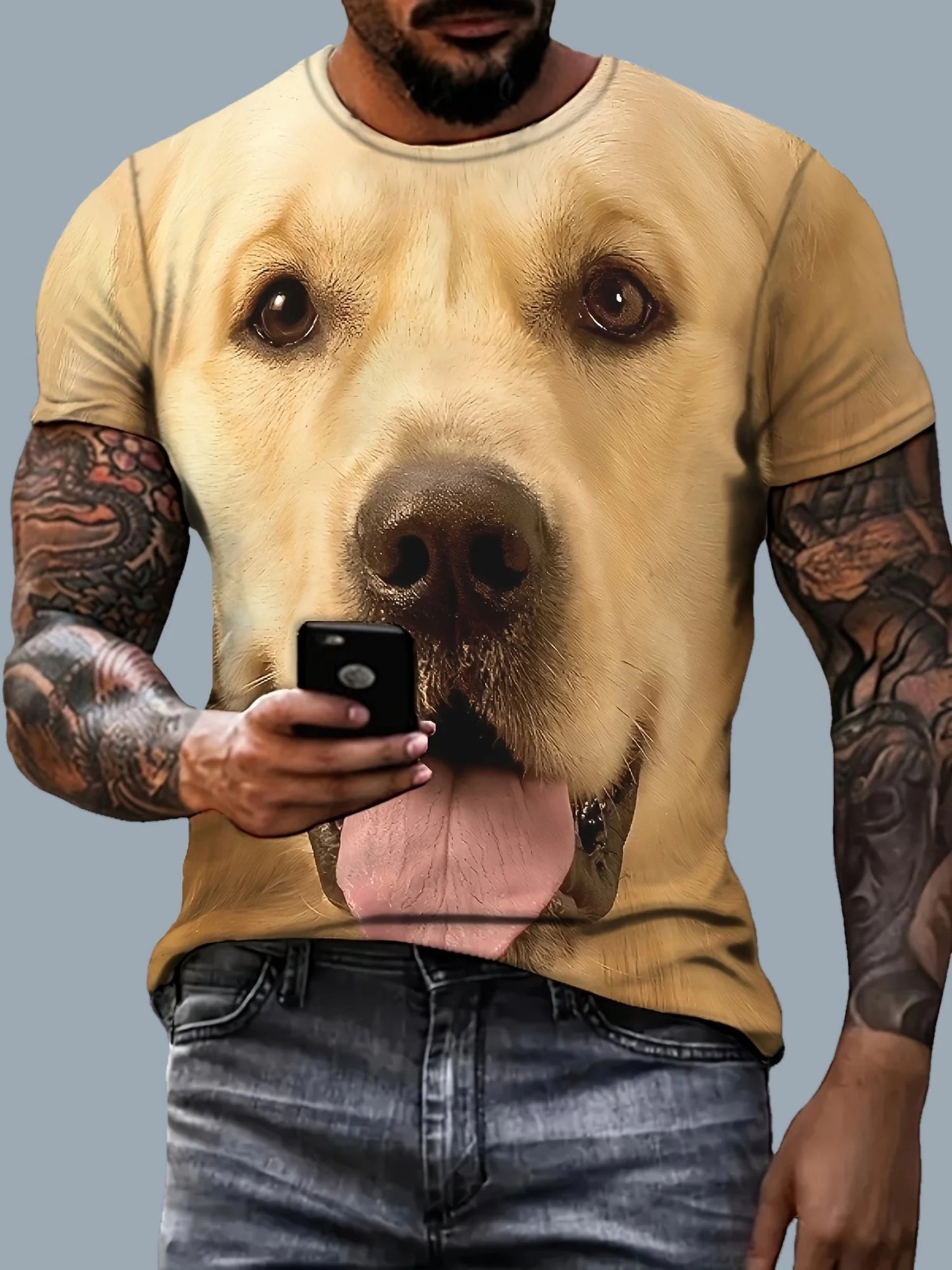 the DOG MAN - Men's Clothing, 3D Digital Golden Retriever Dog Pattern Print Crew Neck Short Sleeve T-Shirt, Casual Chic Perfect Tops as Gifts