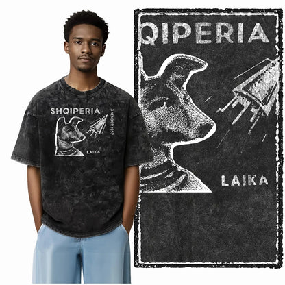 the SPACE TRAILBLAZER - DCA Laika Dog Printed Acid Washed Cotton Streetwear Exclusive Graphic Unisex T-Shirt, Cool Vintage Men T-Shirts