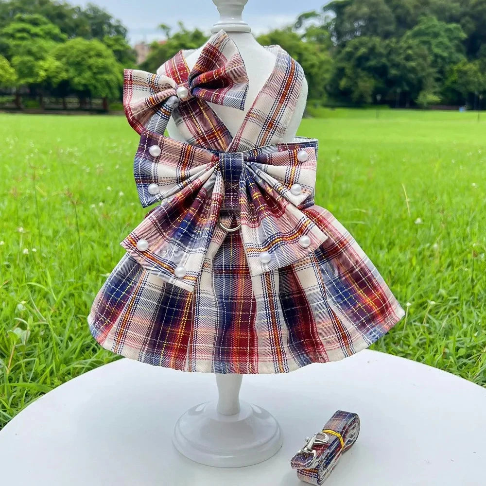 Pet Dog Cat JK Dresses Strap Bow Tie Harness Leash Dog Clothing Skirt Cat Pet Clothing Cosplay Christmas Checker Clothes