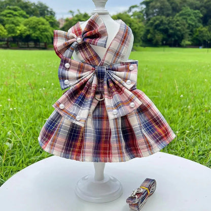 Pet Dog Cat JK Dresses Strap Bow Tie Harness Leash Dog Clothing Skirt Cat Pet Clothing Cosplay Christmas Checker Clothes