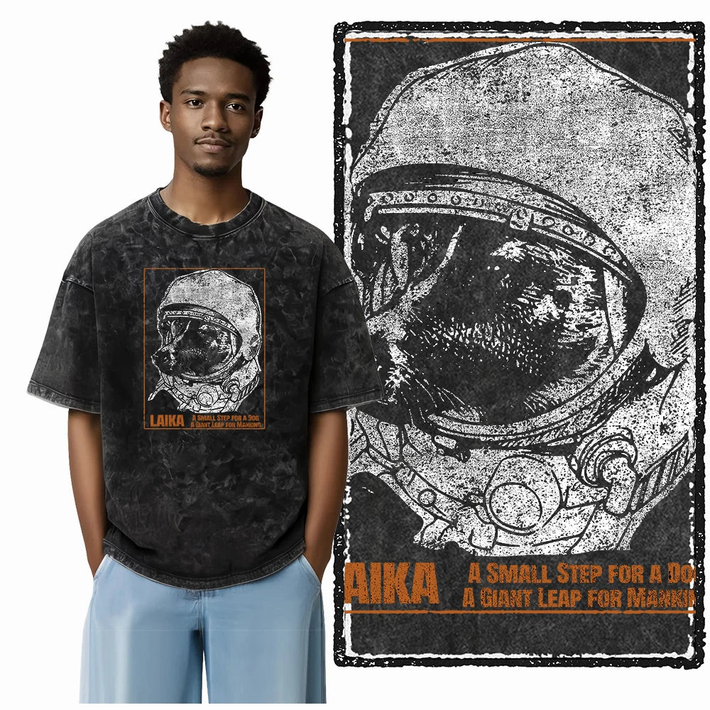 the SPACE TRAILBLAZER - DCA Laika Dog Printed Acid Washed Cotton Streetwear Exclusive Graphic Unisex T-Shirt, Cool Vintage Men T-Shirts