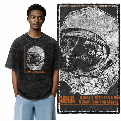 the SPACE TRAILBLAZER - DCA Laika Dog Printed Acid Washed Cotton Streetwear Exclusive Graphic Unisex T-Shirt, Cool Vintage Men T-Shirts