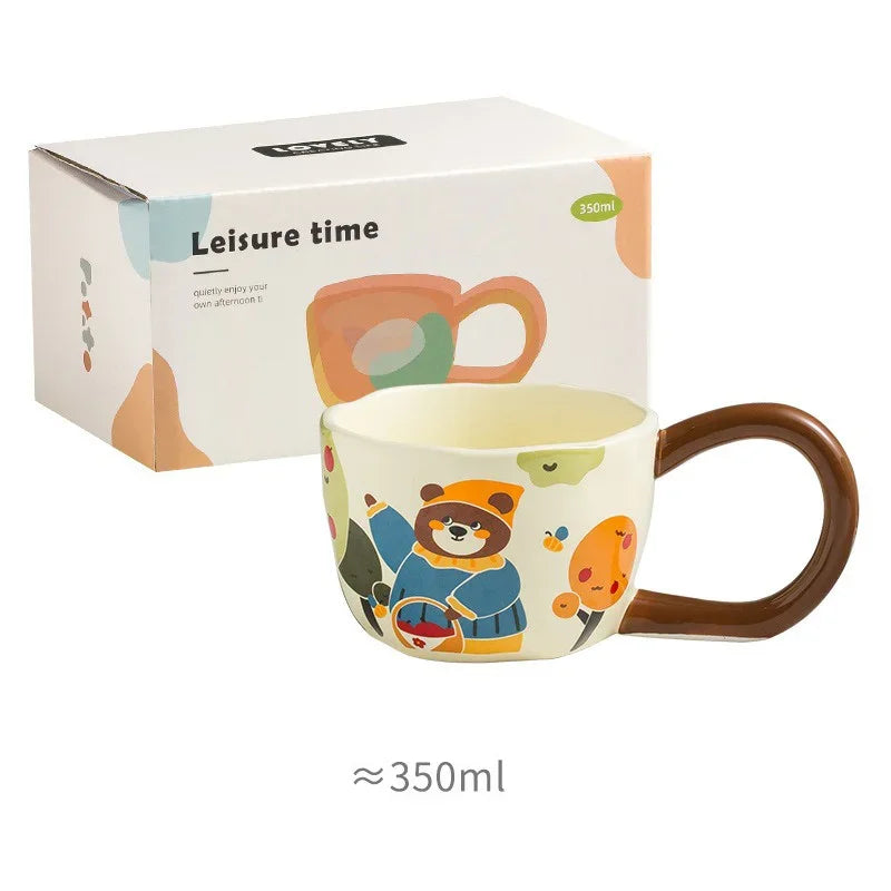 350ML Cartoon Hand Painted Bunny bear Coffee Cups Irregular Ceramic Mug Large Handle Home Office Milk Water Cup Kid's Gifts