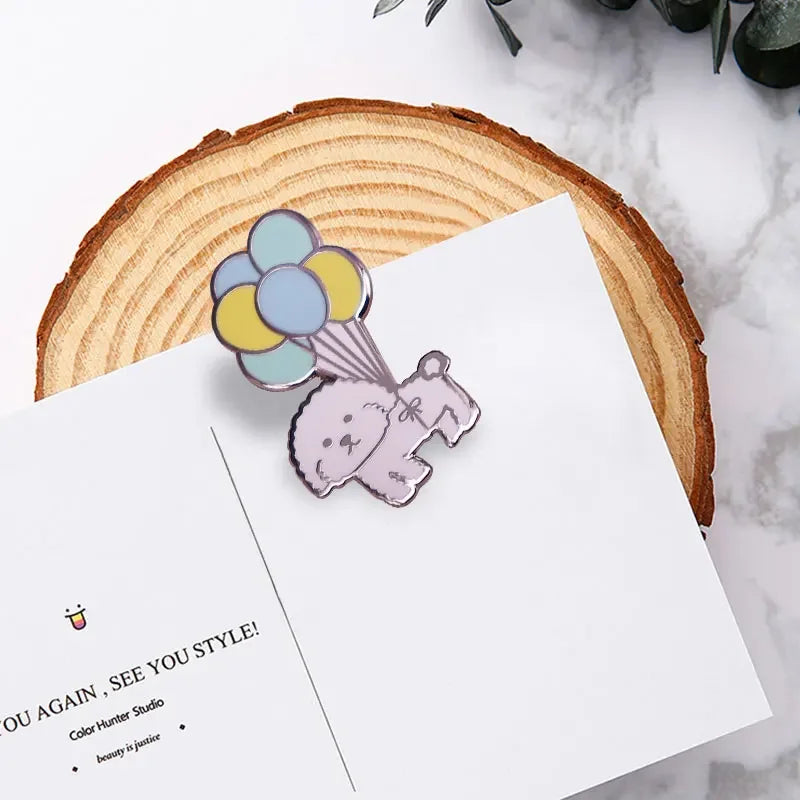 Vivi Dog with Balloons Enamel Pin Mini Puppy Bichon Frise Cute Dog Pet Brooch Badge