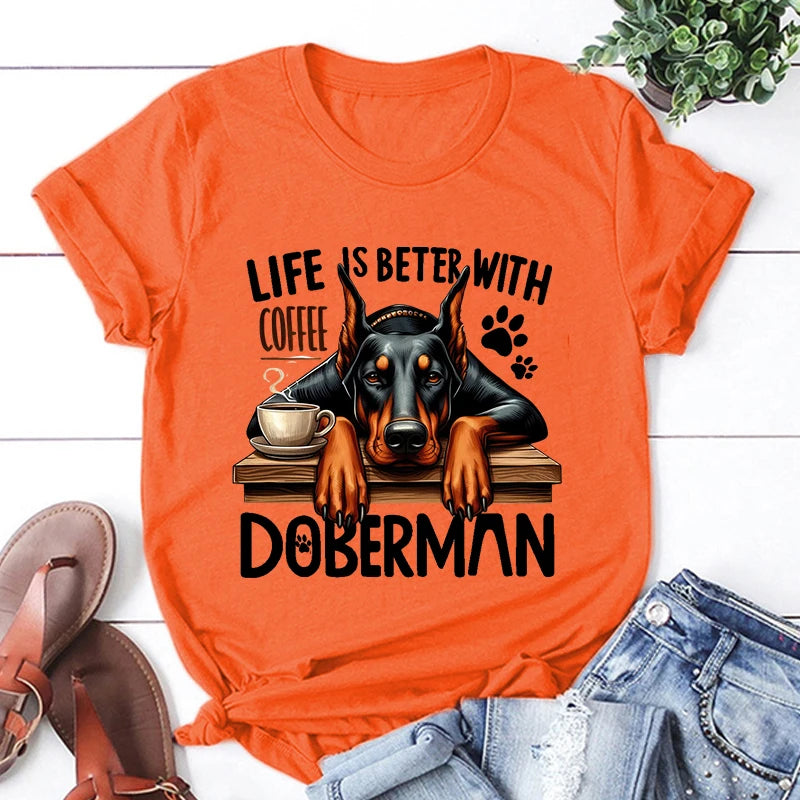 the BETTER LIFE - Hot Life Is Better with Coffee Doberman Graphic Short Sleeve T-Shirts for Men/Women, Shirts Loose T-Shirt, Casual Summer T-Shirts