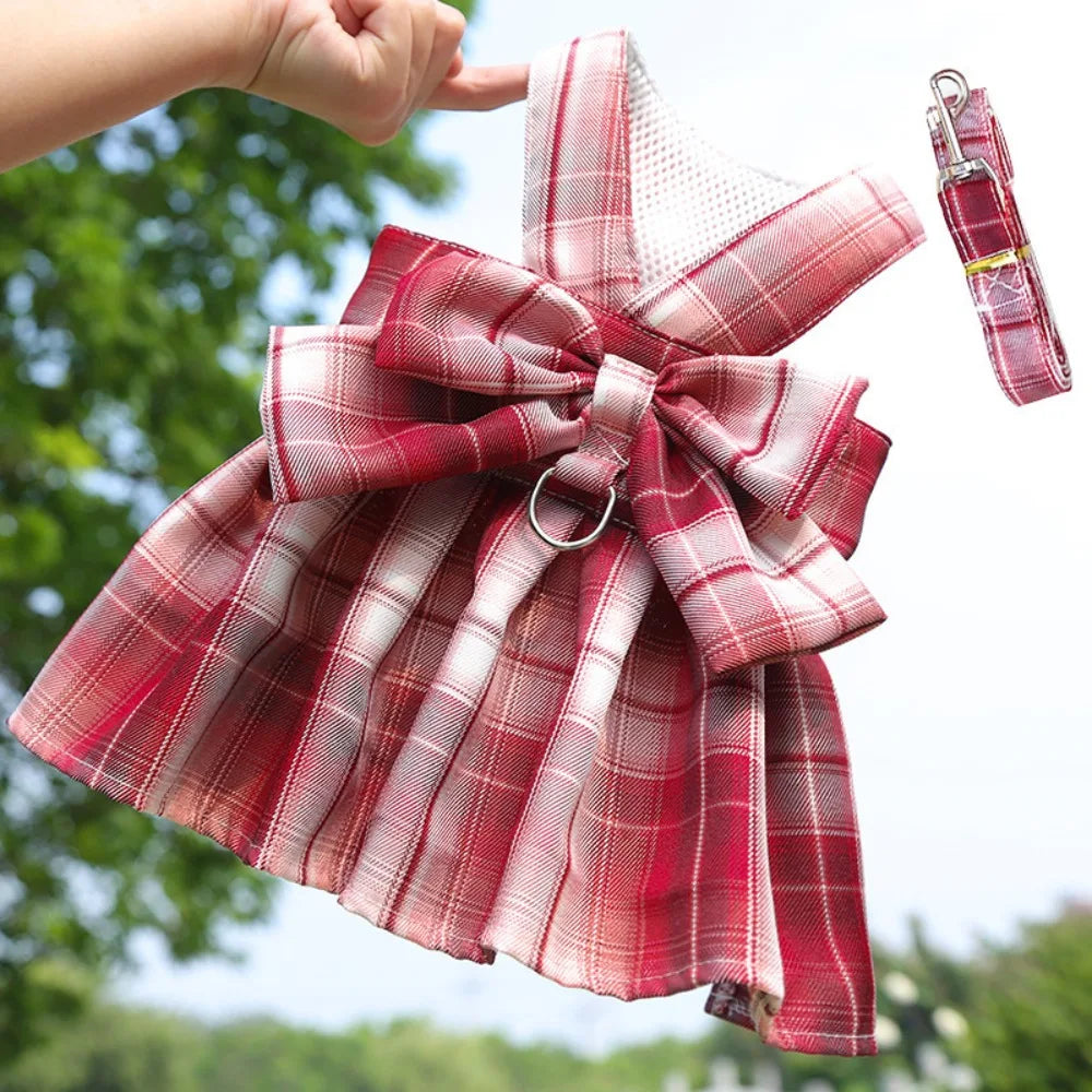Reusable with Leash Traction Dog Plaid JK Dress Thin Dacron Pet Harness Skirt Washable Comfortable Dog Bow Skirt Puppy