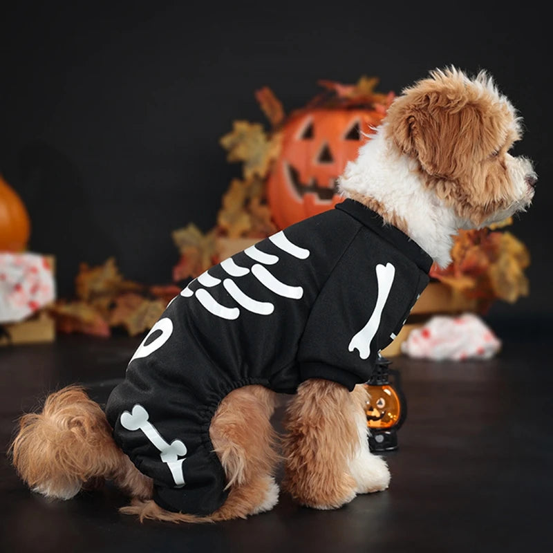 Halloween Dog Costume Glow-in-the-Dark Skeleton Bone Design Dog Clothes Cozy Polyester Jumpsuit for Small to Medium Breeds