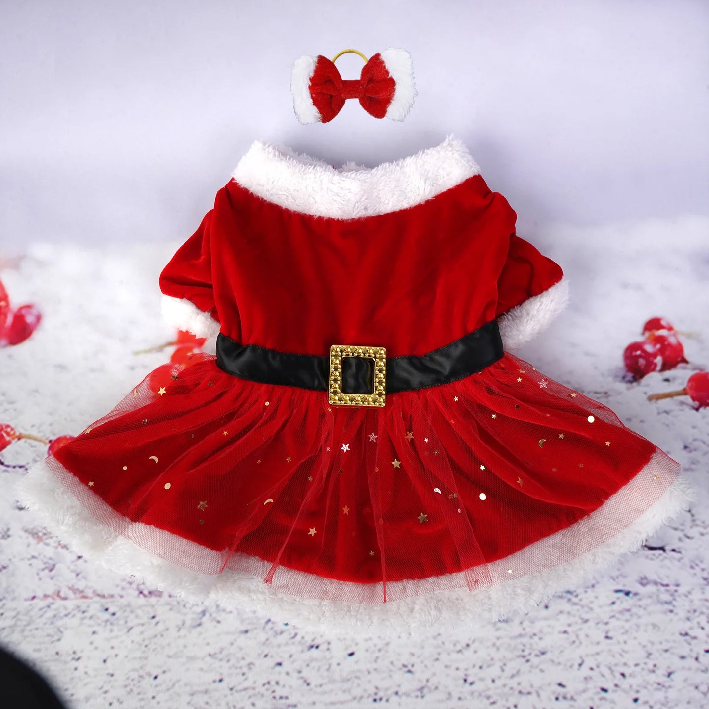 the CHRISTMAS BELLE DRESS - Christmas Red Mesh Dog Dress with Bow Headpiece, Festive Outfit for Small & Medium Dogs