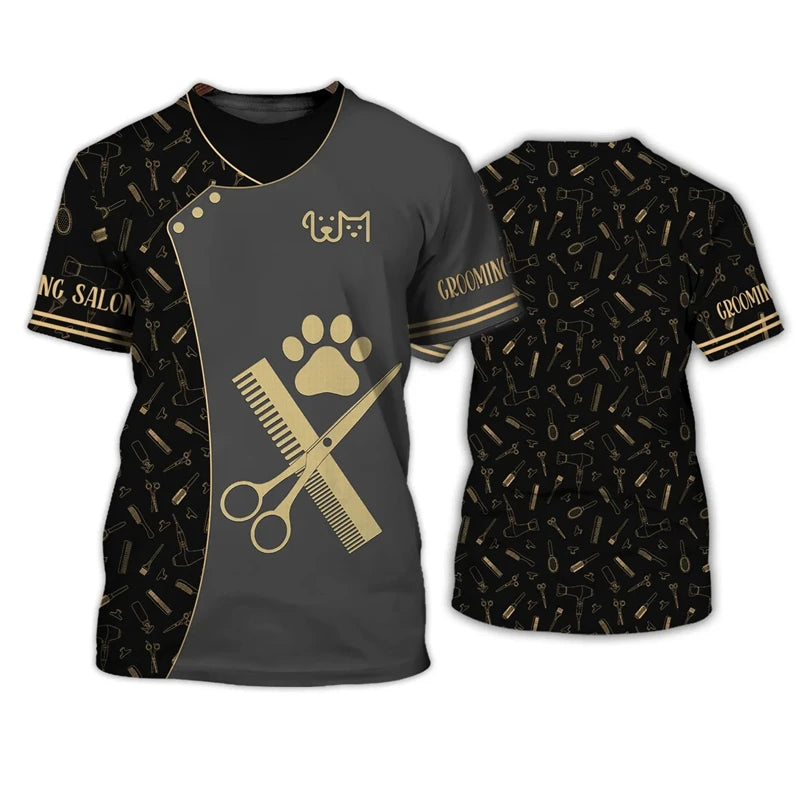 the PET GROOMER - Pet Groomer Shirt, Men's T-Shirts, Unisex Grooming Uniform Tops, Summer Fashion Short Sleeve Workwear Tees, O-Neck Oversized Clothes