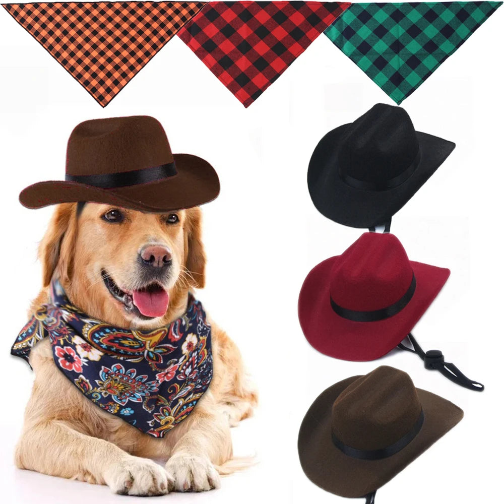 the WRANGLER DOG - Pet Hat, Dog/Cat Western Cowboy Hat, Retro Photo Prop for Dogs and Cats, Funny Doll Decoration, Pet Triangle Scarf, Pet Accessories