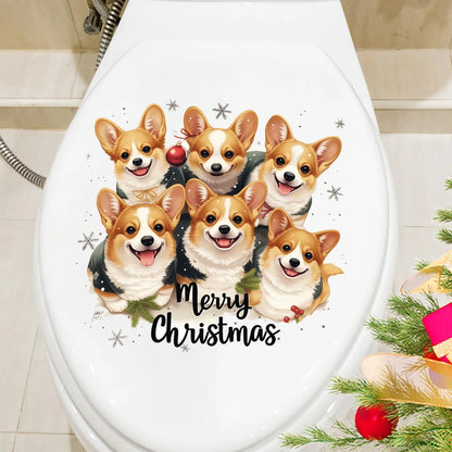 Cute Playful Little Dogs Wall Sticker Merry Christmas Bathroom Toilet Decoration Mural Cabinet Home Decor Self-adhesive Decals