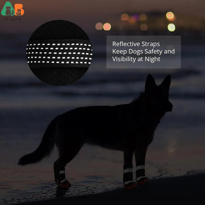 the PROTECTIVE PET PAWS - 4PCS Dog Shoes for Hot Pavement, Anti-Slip Dog Boots, Waterproof Dog Shoes for All Dogs, Reflective Straps Pet Dog Boots for Hiking