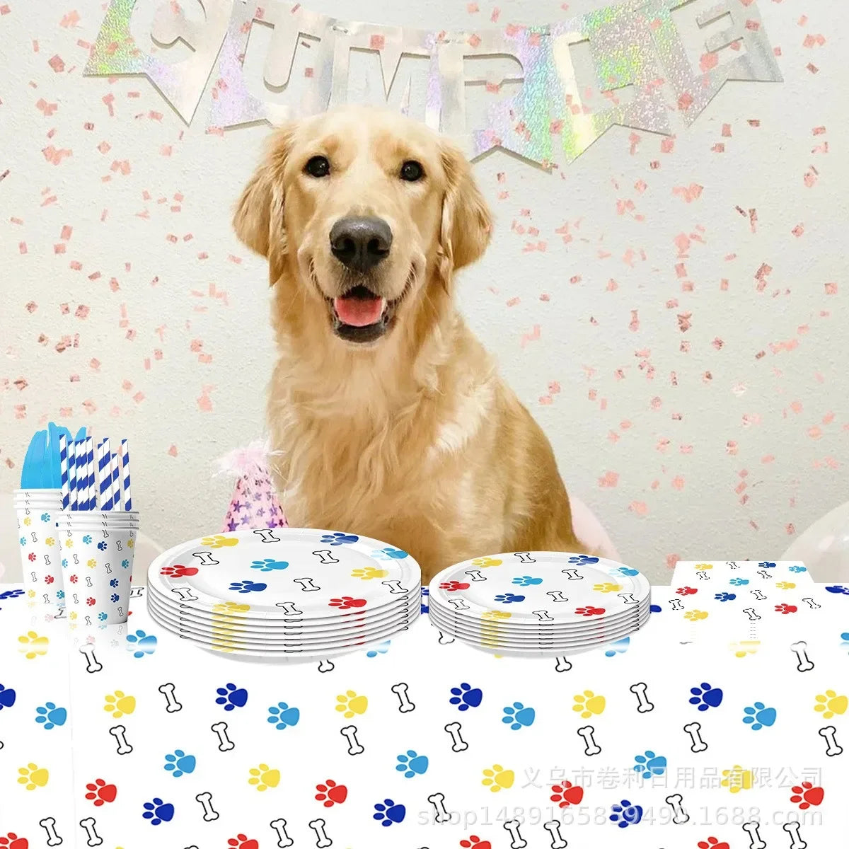 10pcs Pet Paw Print Disposable Tableware Puppy Dog Bones Paper Plates Napkin Cup Happy Pet Dogs Birthday Party Supplies