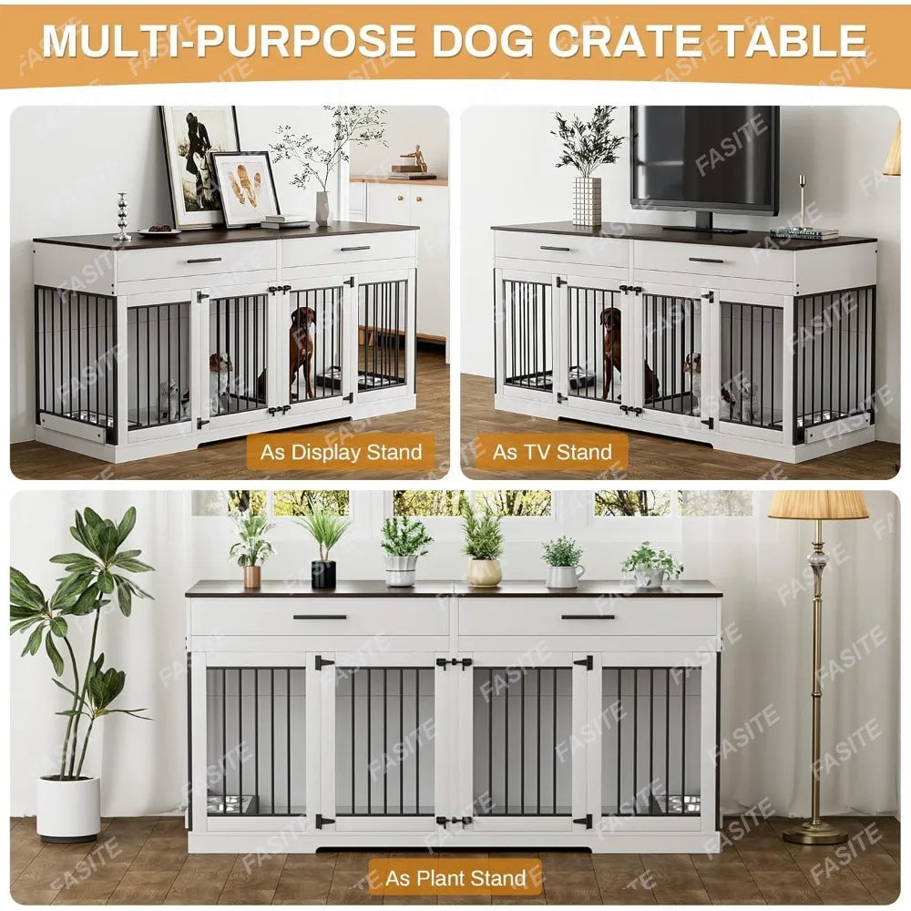 Dog Crate Furniture, 72.05 Inch Wooden Large Dogs Kennel with 2 Drawers & Dogs Bowls, Dog Cage  with Double Doorss & Divider