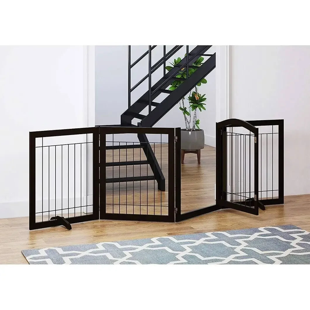 the BARRIER FENCE - Wood Pet Fence, Indoor Stainless Steel Dog Cage, Dog Fence - Large Outdoor With 4 Panels