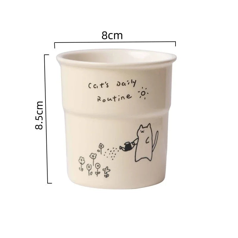 225ml High-quality Ceramic Mugs, Hand-held Cups,simple Cat Illustrations, Breakfast Milk Cups Family Afternoon Tea Cups As Gifts