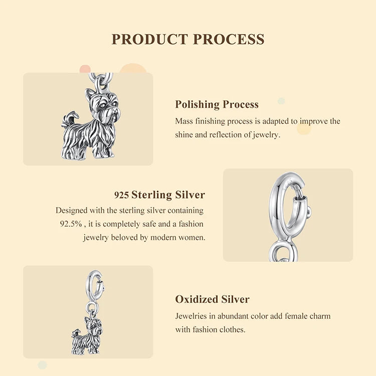 WOSTU 925 Sterling Silver Pet Dog Charm Pomeranian Pendant Yorkshire Terrier Locket Cute Original Fit for Women Bracelet DIY