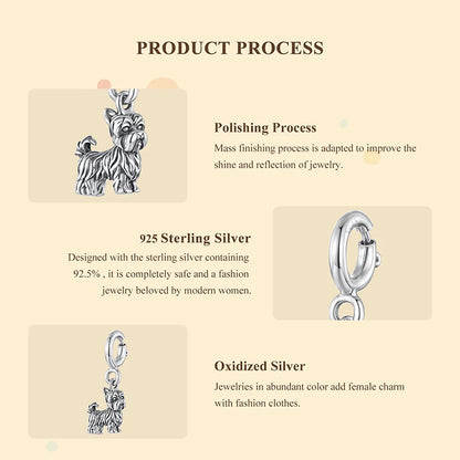 WOSTU 925 Sterling Silver Pet Dog Charm Pomeranian Pendant Yorkshire Terrier Locket Cute Original Fit for Women Bracelet DIY