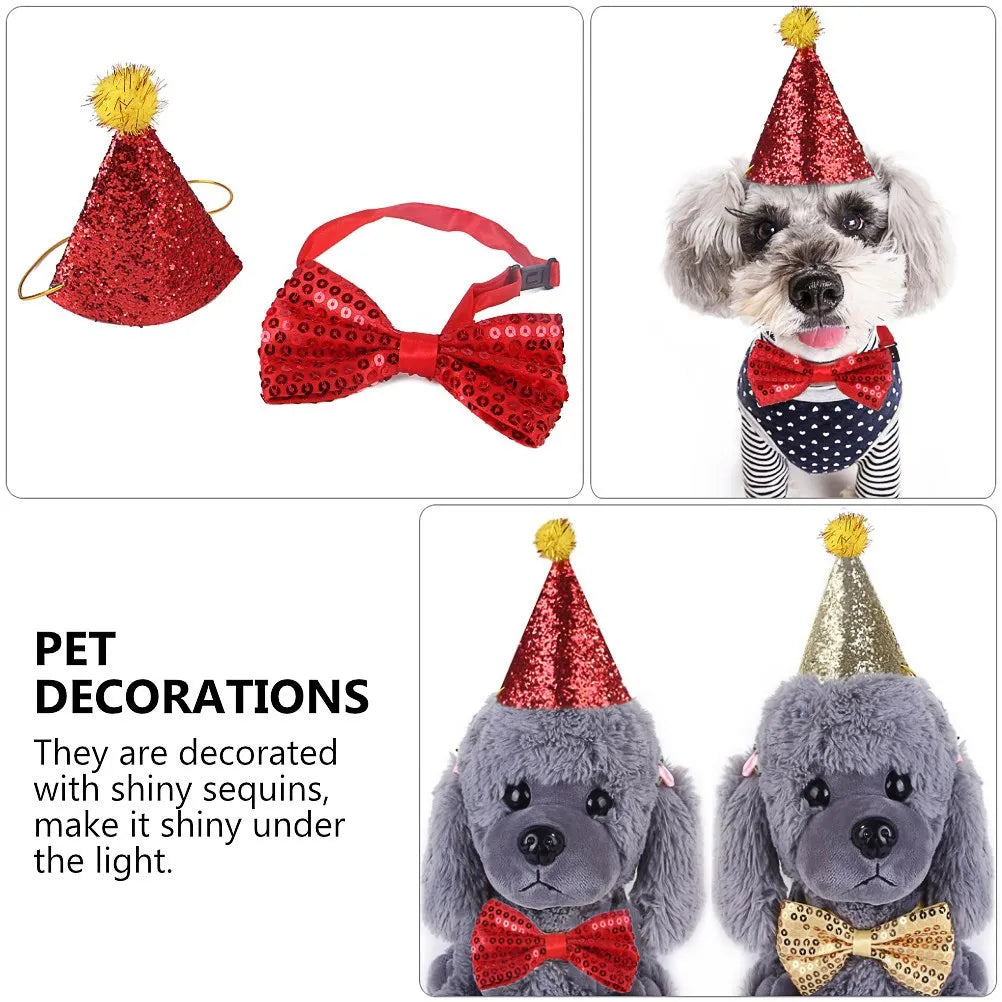 the GOLD/RUBY BIRTHDAY DOG - 4PCS Pet Birthday Hat, Bow Tie Set for Small/Medium Dogs & Cats, Shiny Sequins Party Accessories, Pet Dog Birthday Hat Set