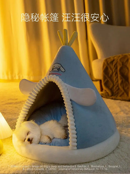 Kawaii Sanrio Cinnamoroll Dog Beds Cute Cat Mats Kennel Winter Warm Enclosed Safe House Removable Washable Sleeping Mat