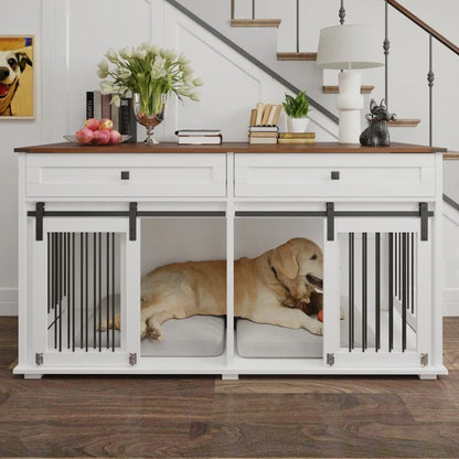 the DOG SPACE - 63 Inch Wooden Double Dog Crate with 2 Drawers and Sliding Door