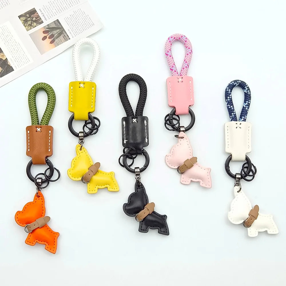 Handmade leather lanyard keychain creative method fighting dog puppies custom text logo bag pendant high-end car keyring gift